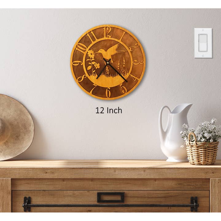 Crooks Designs - Wholesale Wall Clock - Tableau Hummingbird Clock, Wood Face on Rusted Steel Back