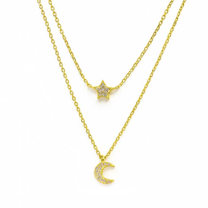 Collana a strati placcata oro "Luminara" – 925 argento, stella e luna per la vendita all'ingrosso da parte di Impala