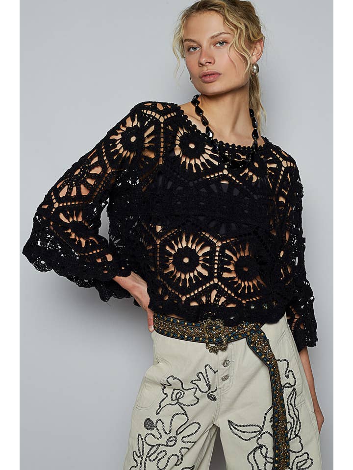 Pol Clothing - Wholesale Knit Top - Women's - Round Neck 3/4 Sleeve Crochet Cropped Top22