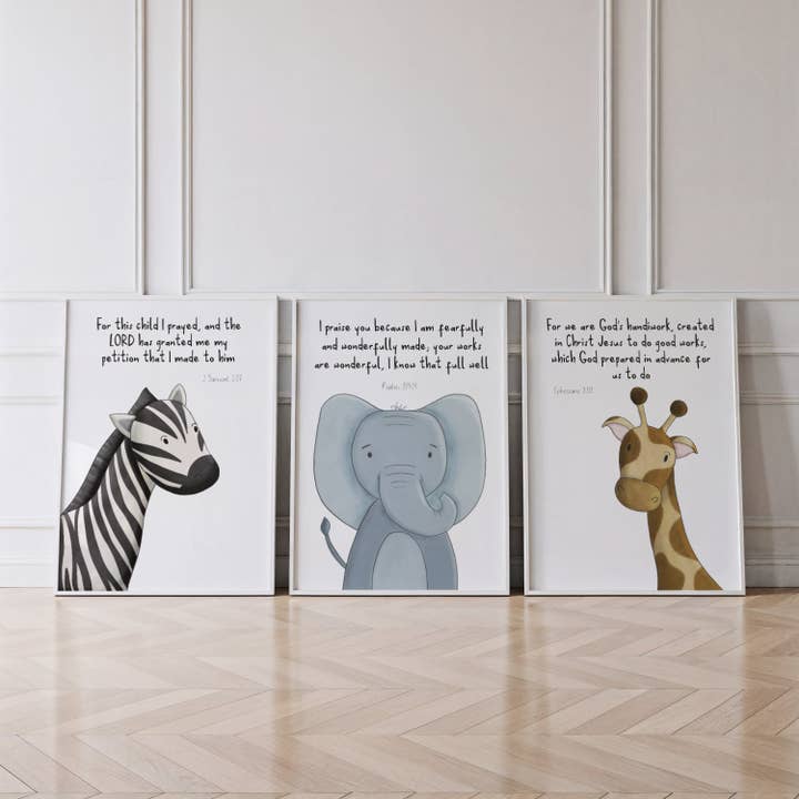Safari Bible Verse Nursery Prints – Set of 3 for wholesale by Dolly and Fred Designs