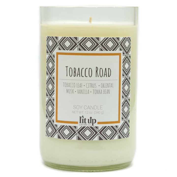 Lit Up Candle Co. - Wholesale Jar/Filled Candle - Tobacco Road 12 oz. soy candles in upcycled wine bottles