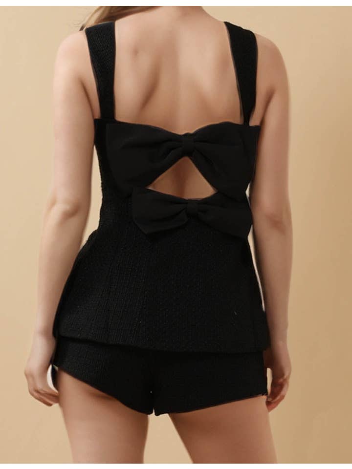 Black Ladies Solid Color Back Bowknot Tweed Top & Shotrs Set for wholesale on Faire