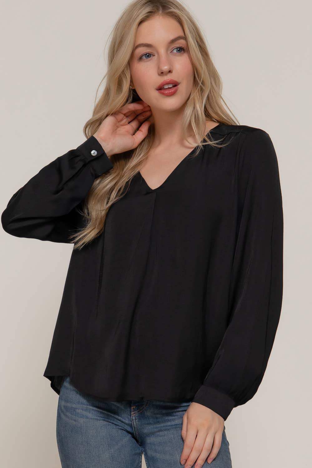 Active Basic | Active USA - Wholesale Blouse - Women's - Long Sleeve V-Neck with Pleats Satin Blouse10