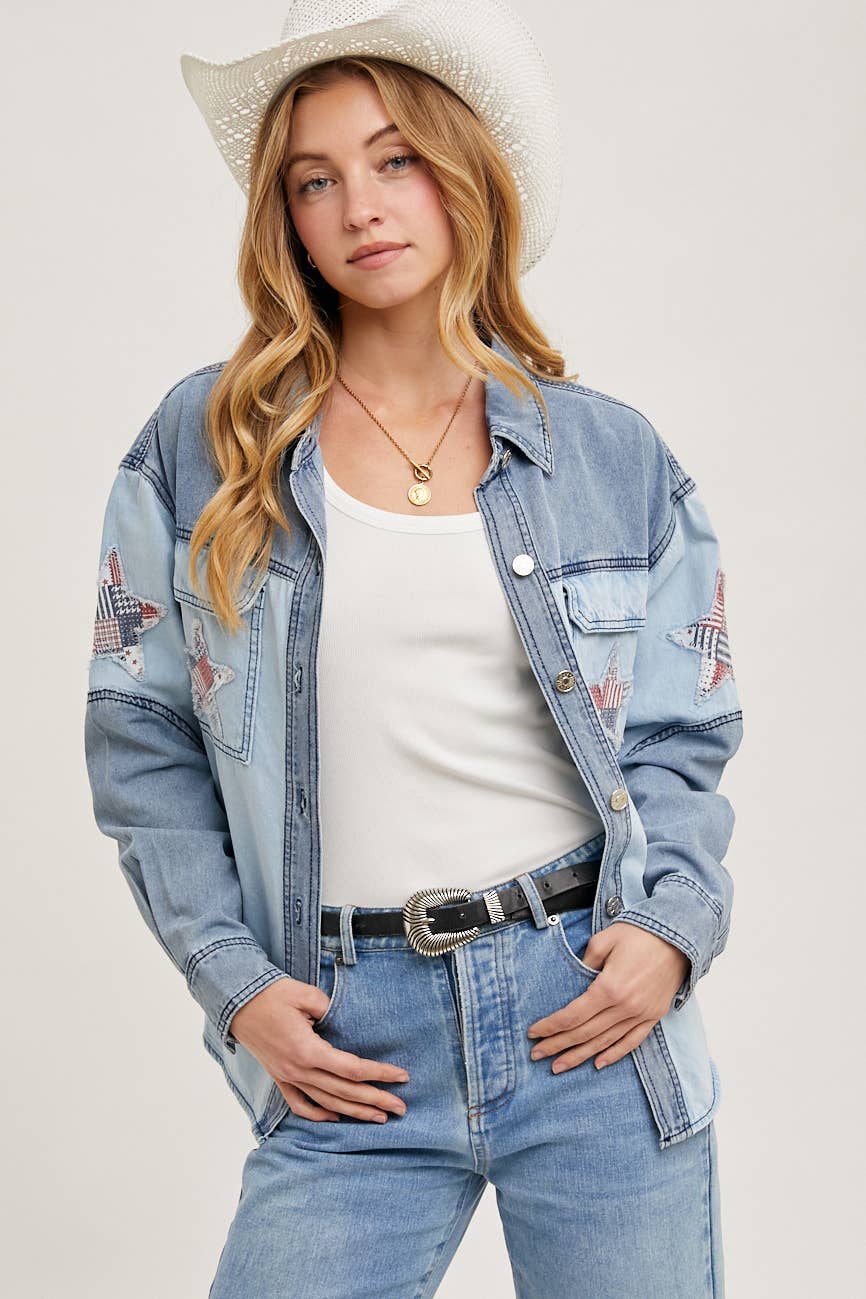 DENIM CAMICIA GIACCA PATCHWORK CON STELLA IN DENIM WESTERN - 4 LUGLIO in vendita all'ingrosso su Faire1