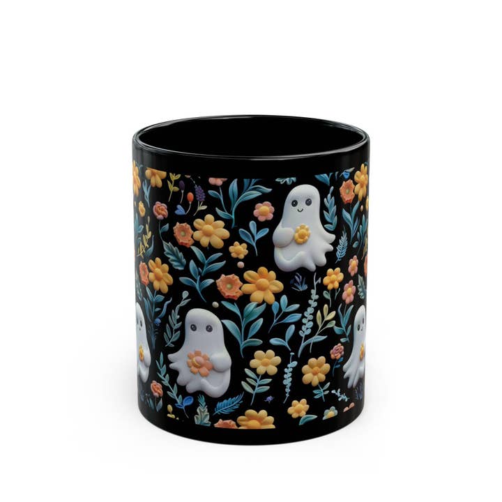 NVC Ecommerce LLC - Wholesale Coffee Mug - Vintage Floral Ghost Coffee Mug, Halloween Black Coffee Cup1