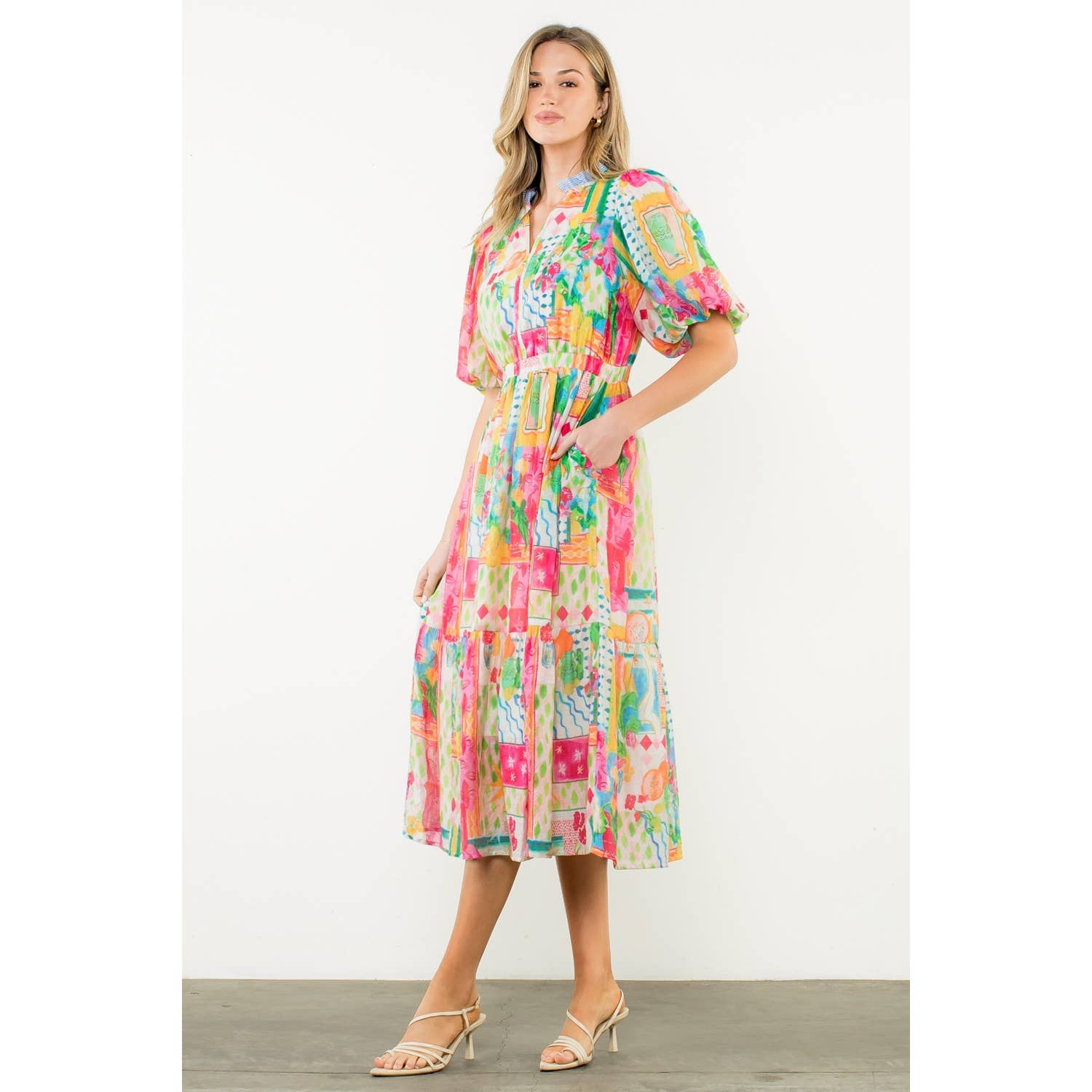 PINK Printed Ruffle Collar Puff Sleeve Dress for wholesale on Faire2