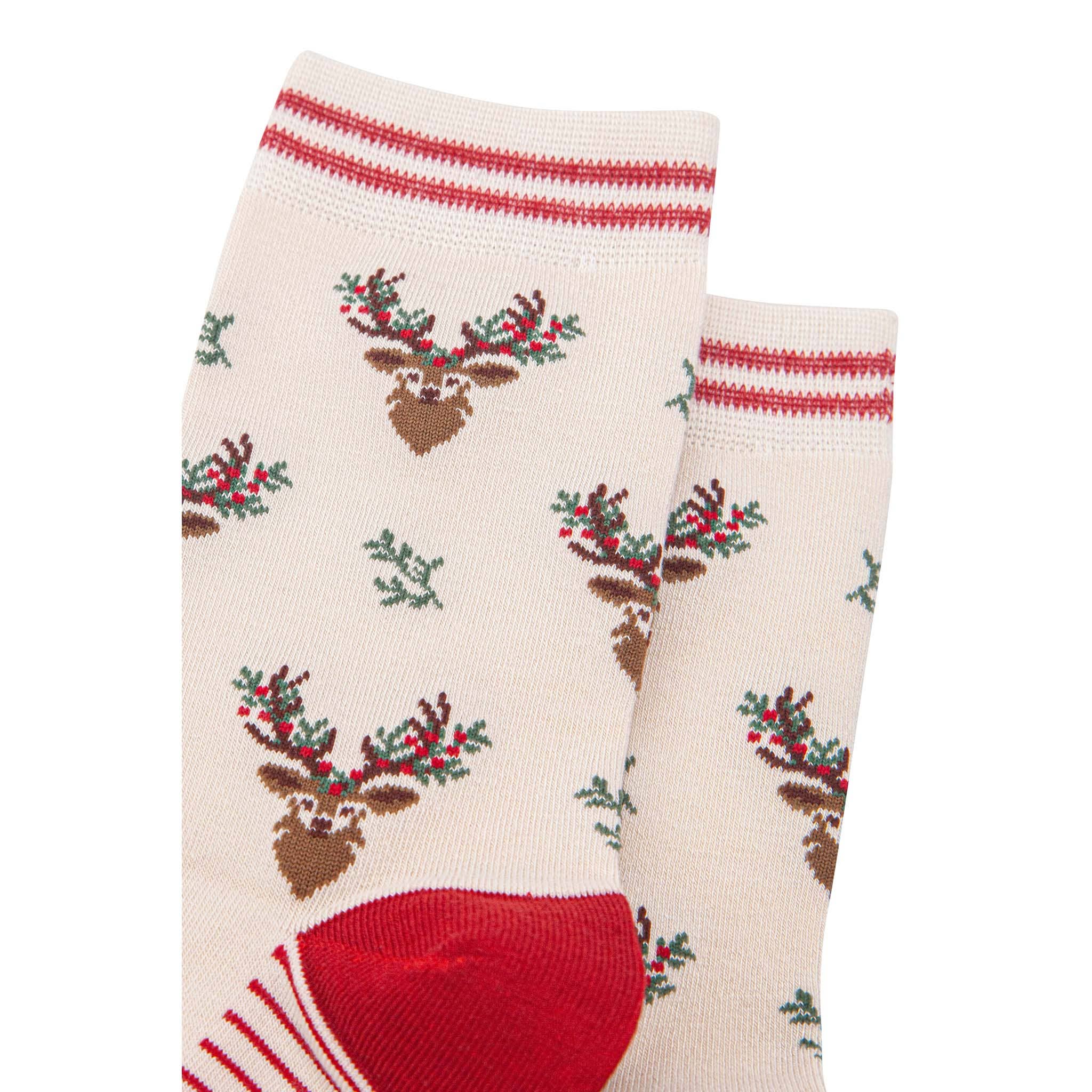 Sock Talk – wholesale Socks – Women's – Women's Bamboo Socks - Cream/Red, Floral Reindeer2