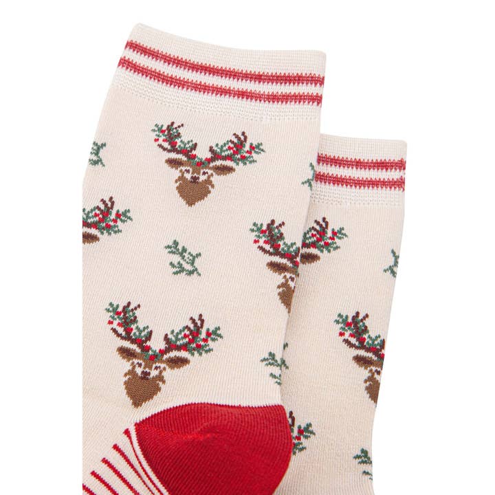 Sock Talk – wholesale Socks – Women's – Women's Bamboo Socks - Cream/Red, Floral Reindeer2