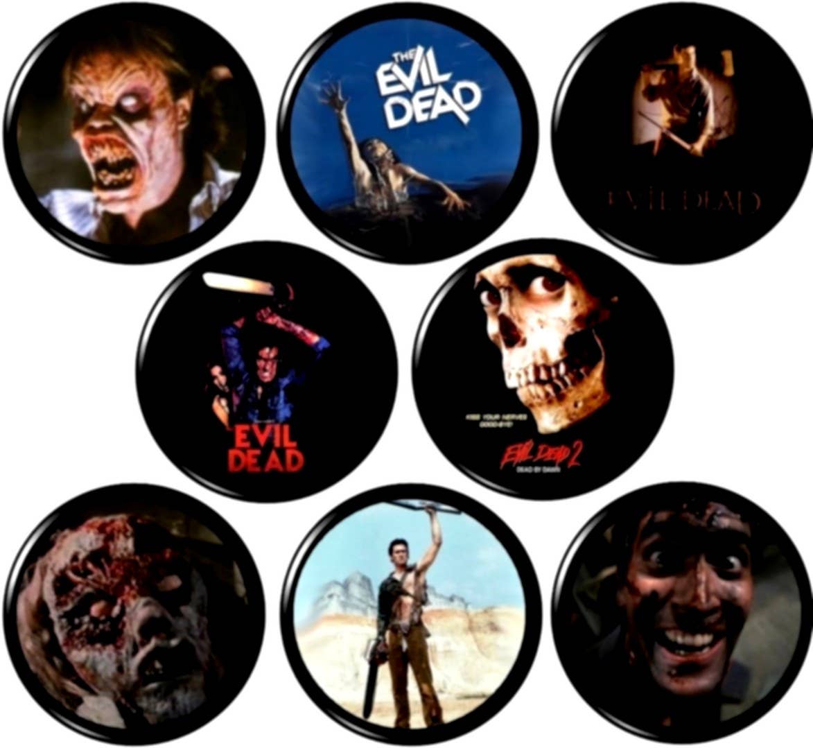 Pinbax Express - Vente Épinglettes/boutons - Evil Dead x 8 épingles de 25 mm (1" pouces) pour Halloween, film d'horreur VHS