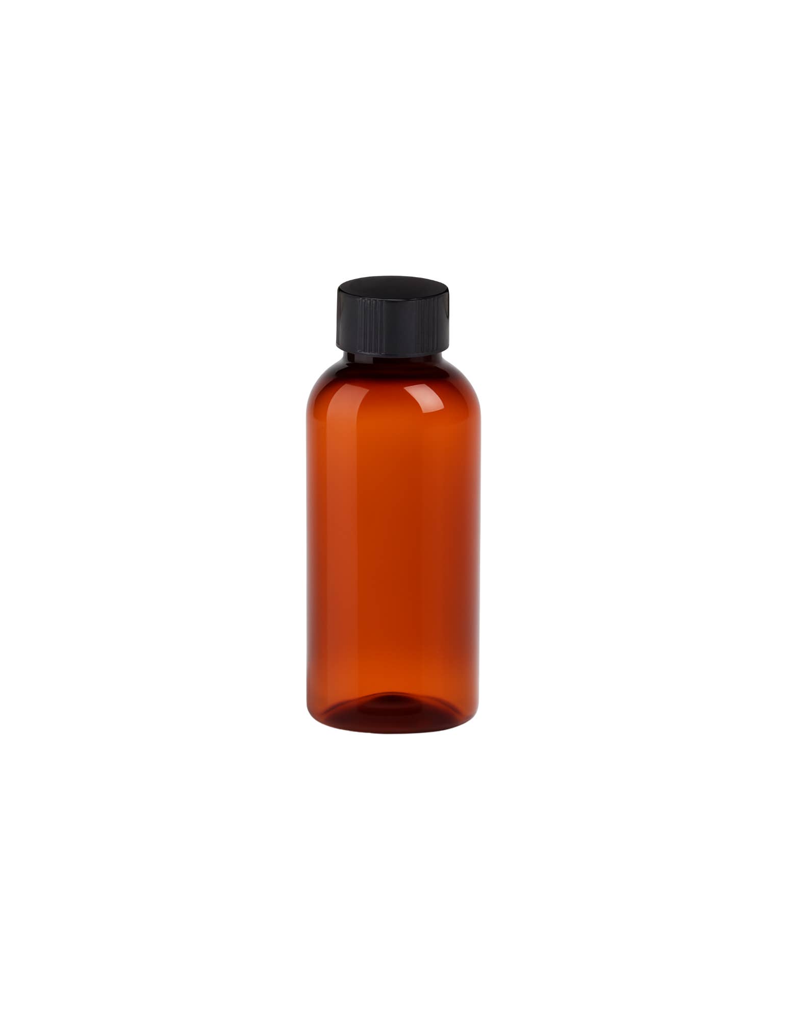 AfroCosmetics & Culture - Wholesale Travel container - 2 oz Amber PET Cosmo Round Bottle with Black Ribbed Cap