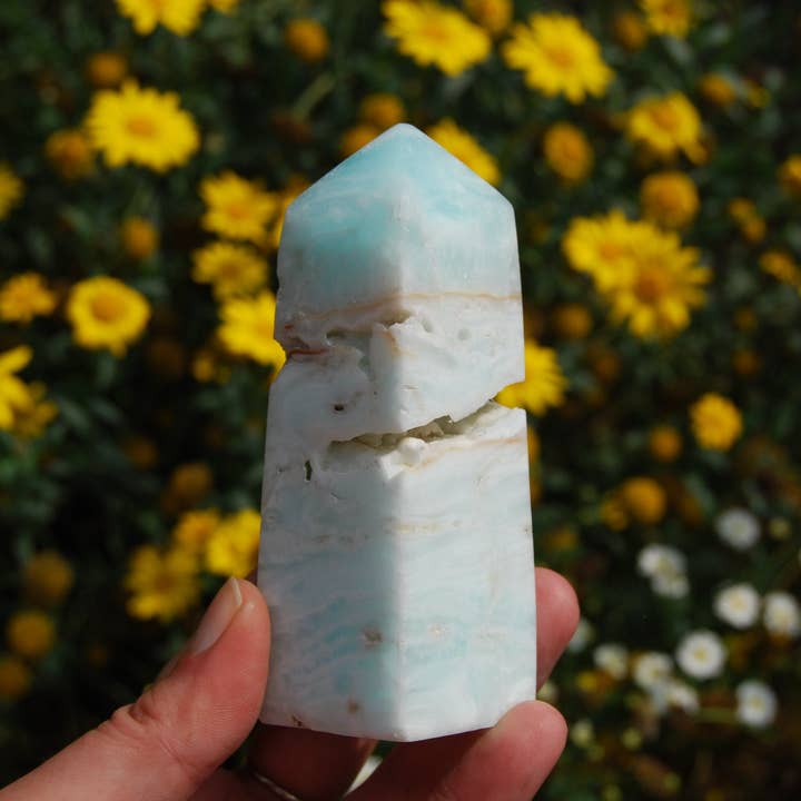 4in 279g Caribbean Blue Calcite Crystal Tower, Pakistan for wholesale by Caspar Curiosities