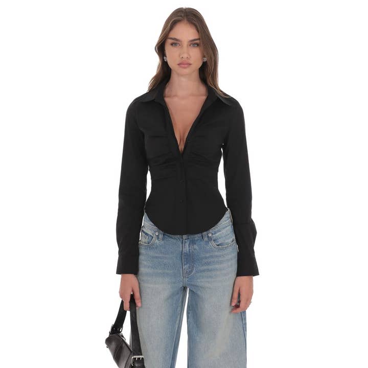 Ruched Button-Up Shirt in Black for wholesale by Lucy In The Sky
