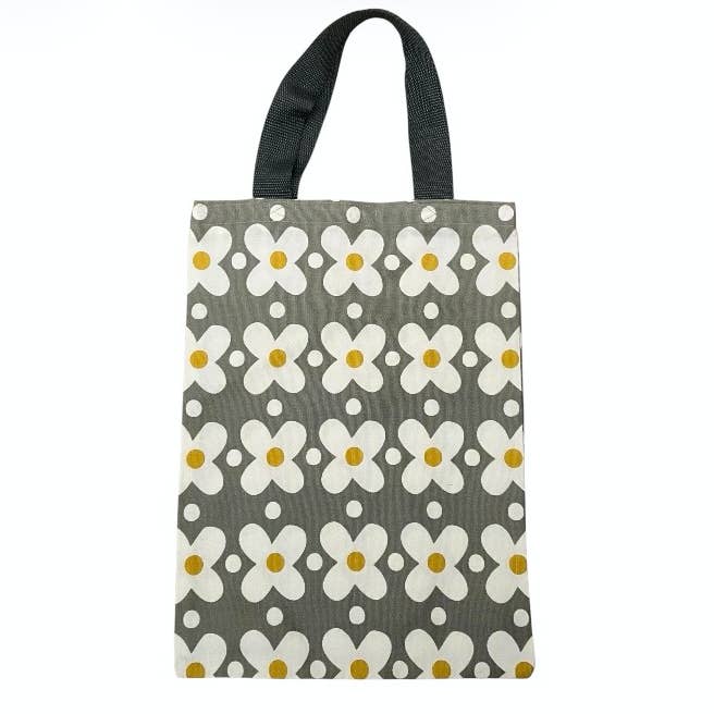 borsa stampa floreale - grigio - cotone riciclato - fatta a mano per la vendita all'ingrosso da parte di Luna-Leena - handmade in Nepal