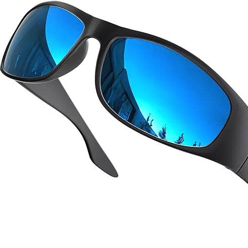 Polarized Sunglasses Men Womens Trendy Retro Sports Rectangular Wrap Around Vintage Shot Shield (Glossy Frame/Blue Lens) for wholesale by grinderPUNCH