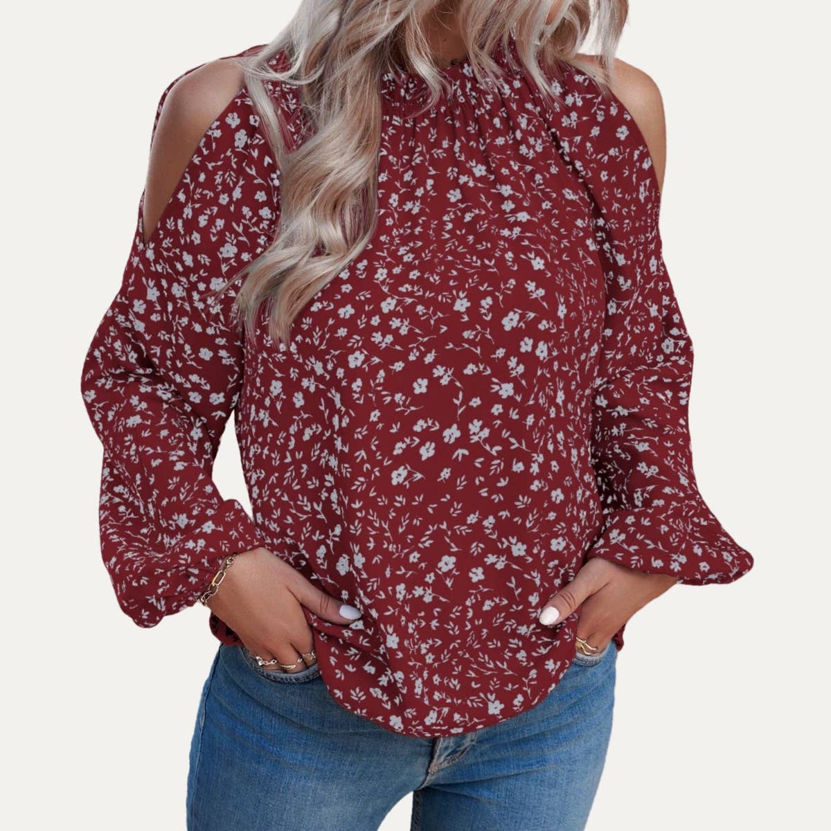The Moment Collection - Wholesale Blouse - Women's - Sweetness Floral Print Cold-Shoulder Long Sleeve Top5