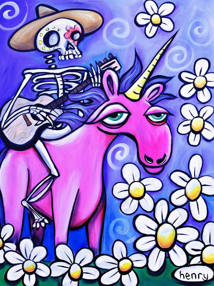 Skeleton Cowboy on A Unicorn Canvas Print for wholesale by It's a Henry