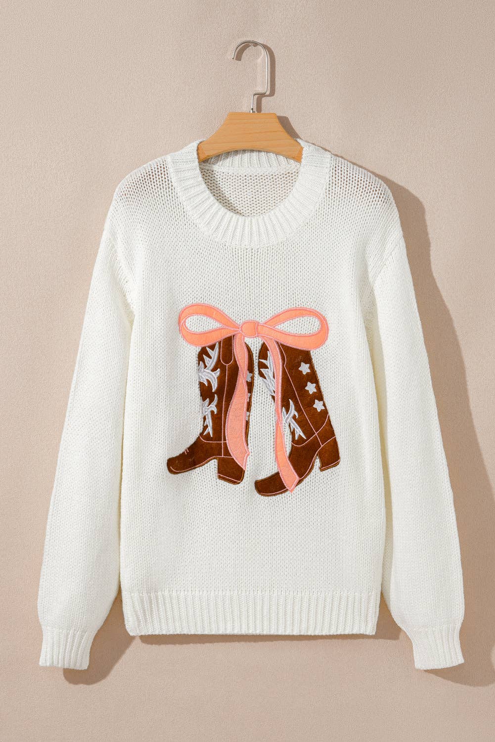 White Western Boots Bow Embroidered Drop Shoulder Sweater for wholesale on Faire5