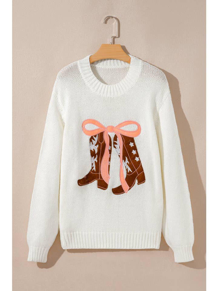 White Western Boots Bow Embroidered Drop Shoulder Sweater for wholesale on Faire5