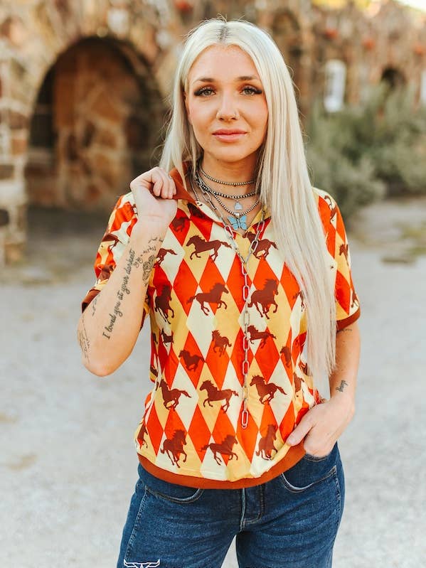 Plus Diamond Checkered Running Horse Printed Collared Shirt for wholesale by LUCKY & BLESSED