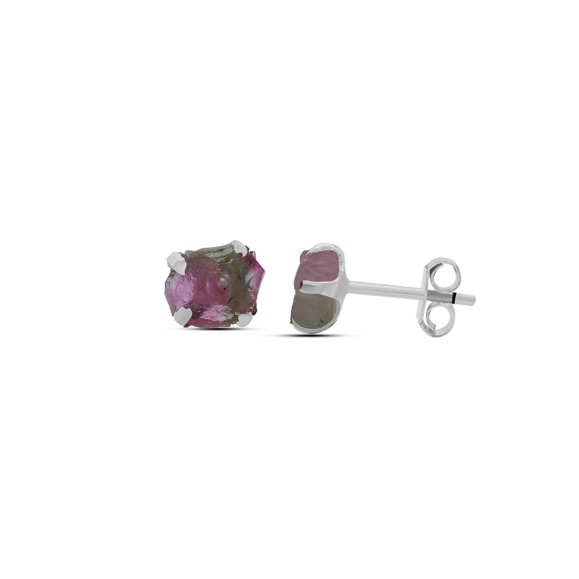Nature Crafts – wholesale Stud/post earrings – Natural Rough Watermelon Tourmaline Stud Earrings in Silver2