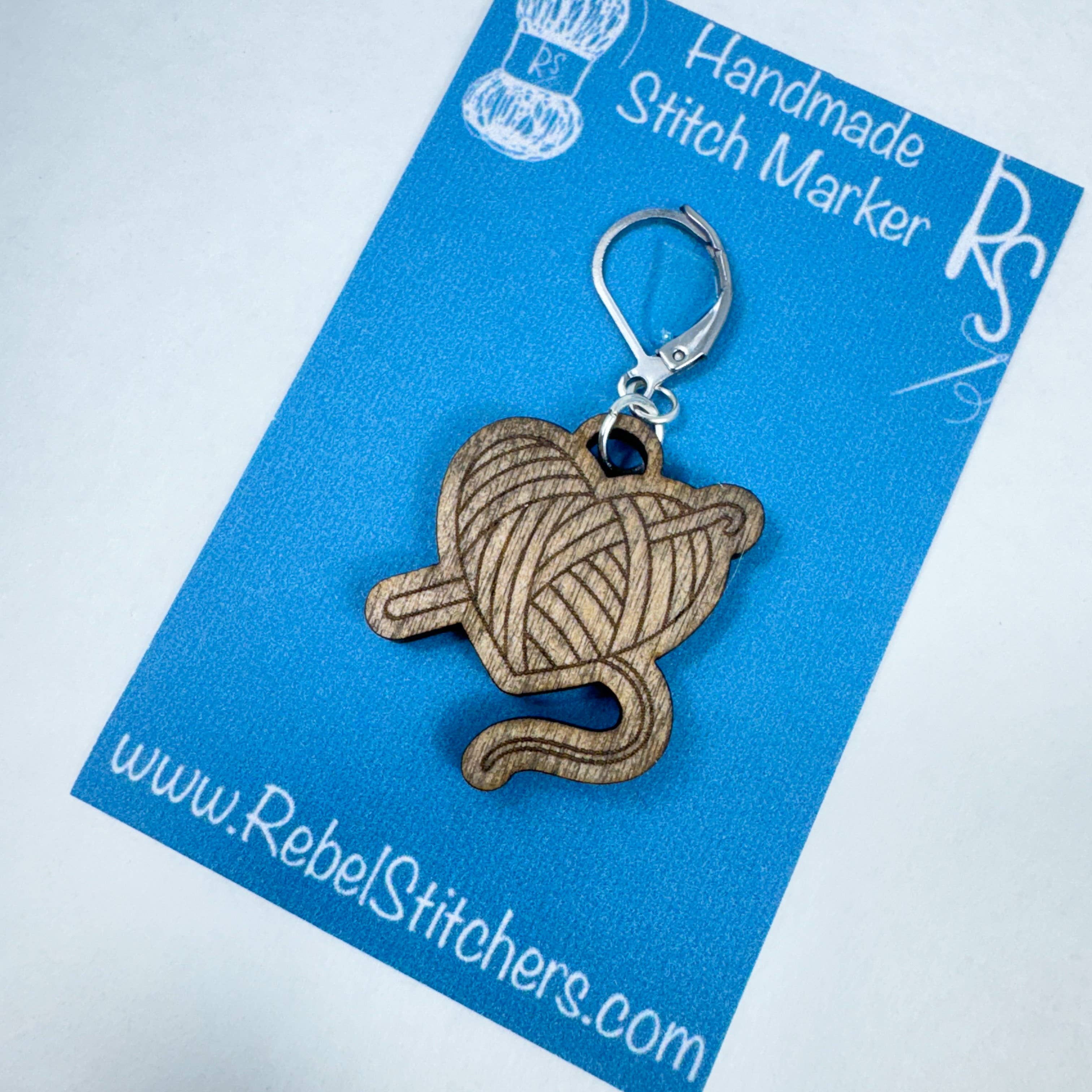 Art by Erica H & Rebel Stitchers - Wholesale Knitting/Crochet Supplies - Handmade Wooden Heart Ball of Yarn Stitch Marker5