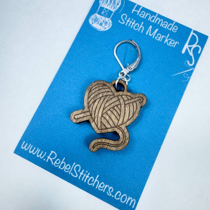 Art by Erica H & Rebel Stitchers - Wholesale Knitting/Crochet Supplies - Handmade Wooden Heart Ball of Yarn Stitch Marker5