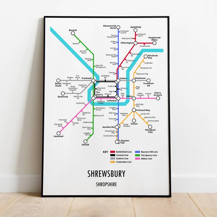 Shrewsbury Shropshire Underground Style Transport Print for wholesale by Underdog Studio