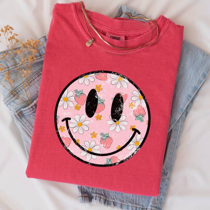 Preppy Strawberry Face Comfort T-Shirt mit Farbgrafik für den Großhandel von Shoppe SHC