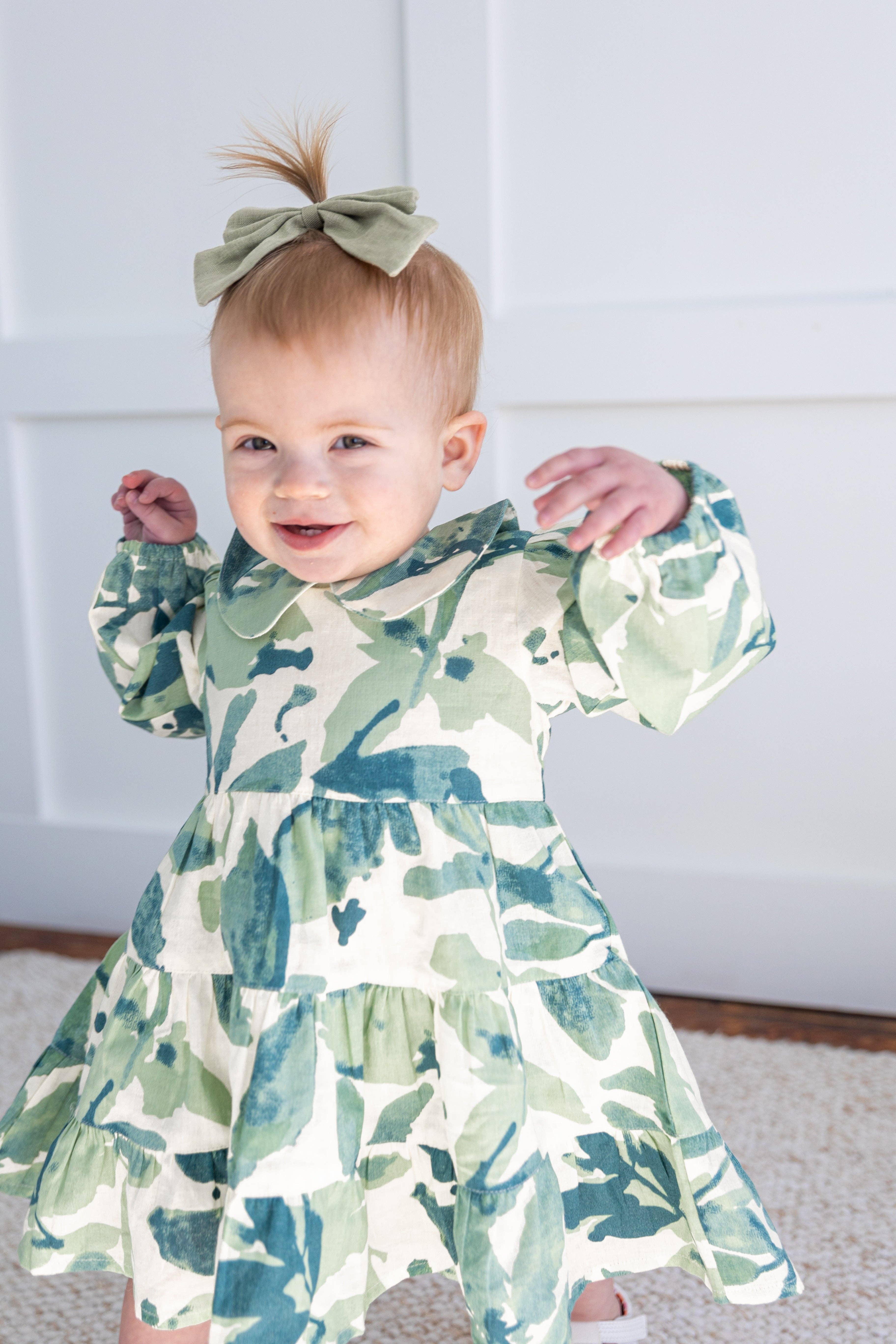 Yo Baby - Wholesale Dress - Kids - Sage-Green Leaf Printed Peter Pan Collar Tiered Long Sleeve Dress4