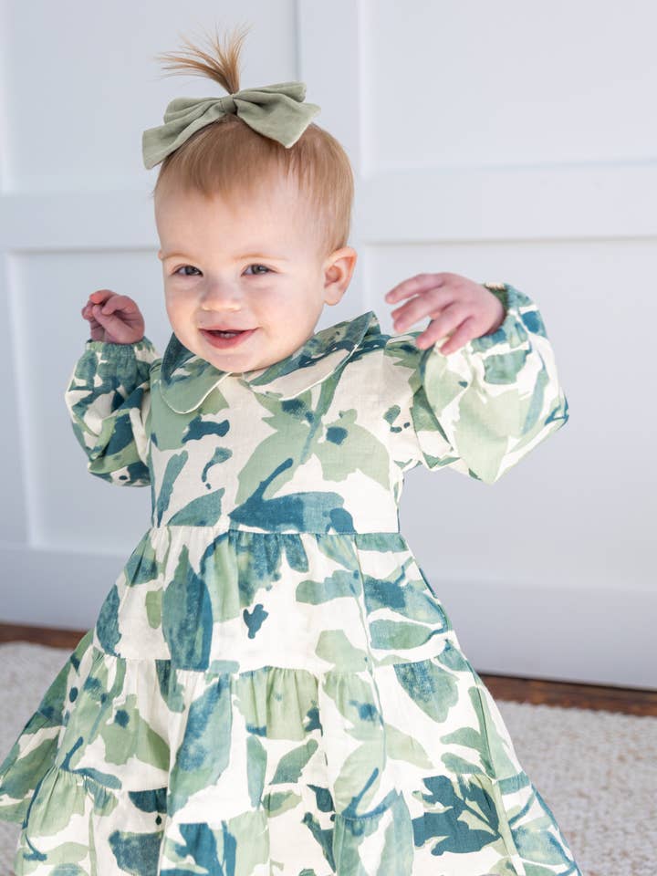 Yo Baby - Wholesale Dress - Kids - Sage-Green Leaf Printed Peter Pan Collar Tiered Long Sleeve Dress4