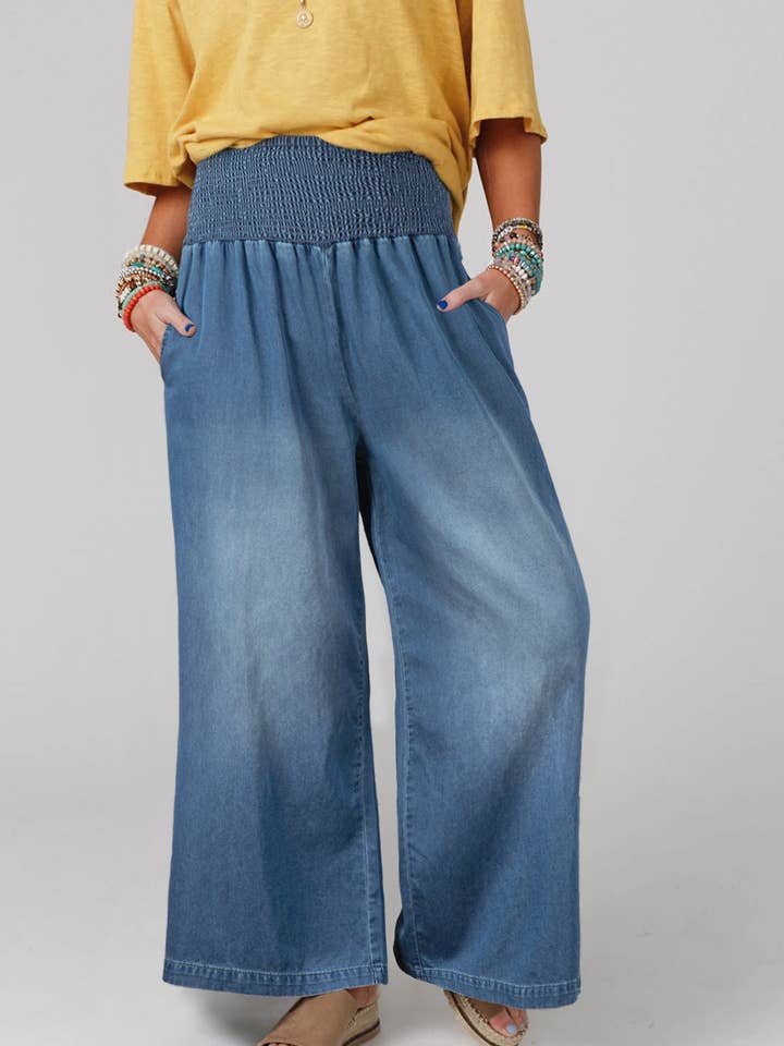 Ashleigh Blue Smocked Waist Wide Leg Jeans for wholesale on Faire