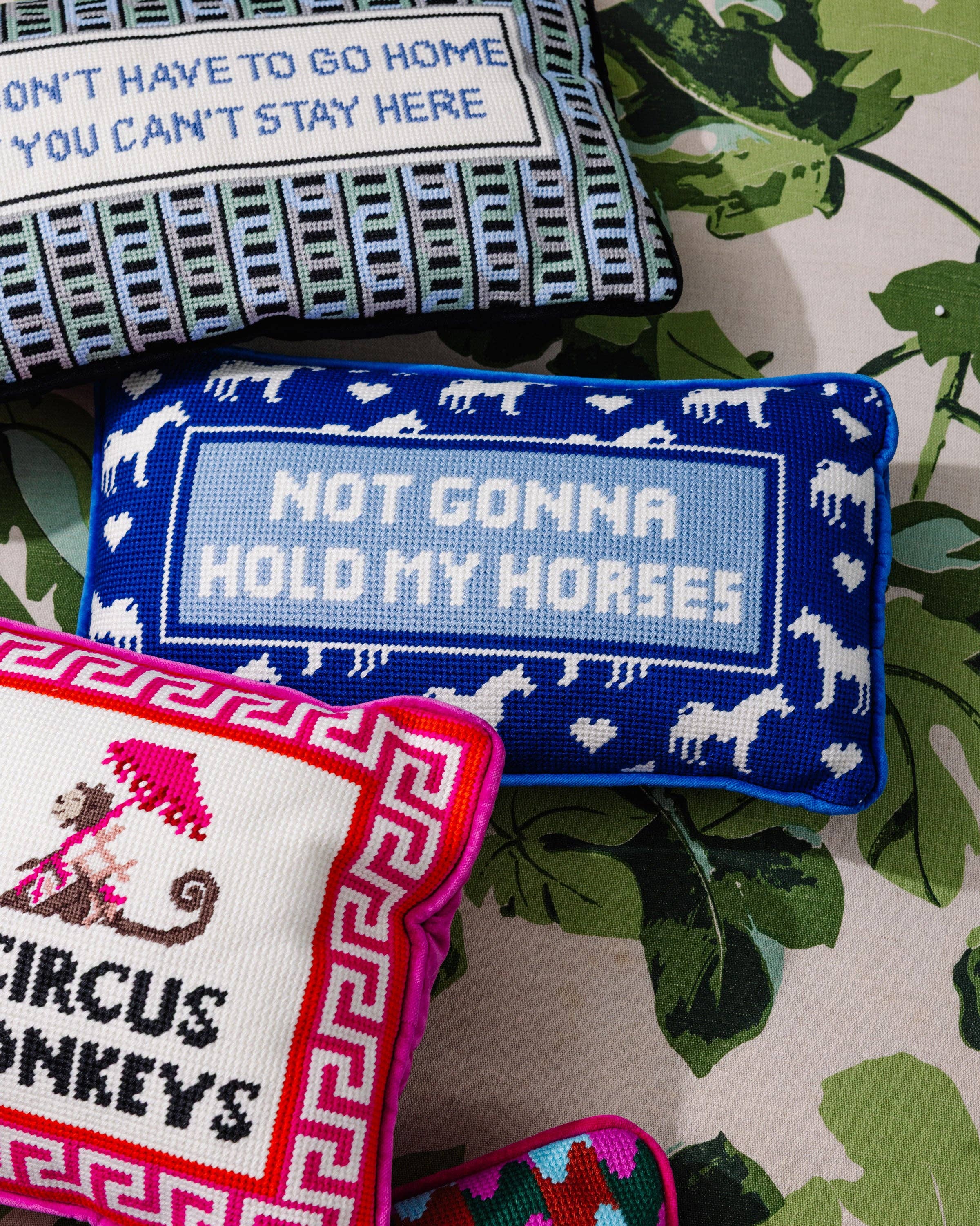 Furbish Studio - Wholesale Throw/Decorative Pillow - Hold My Horses Needlepoint Pillow3