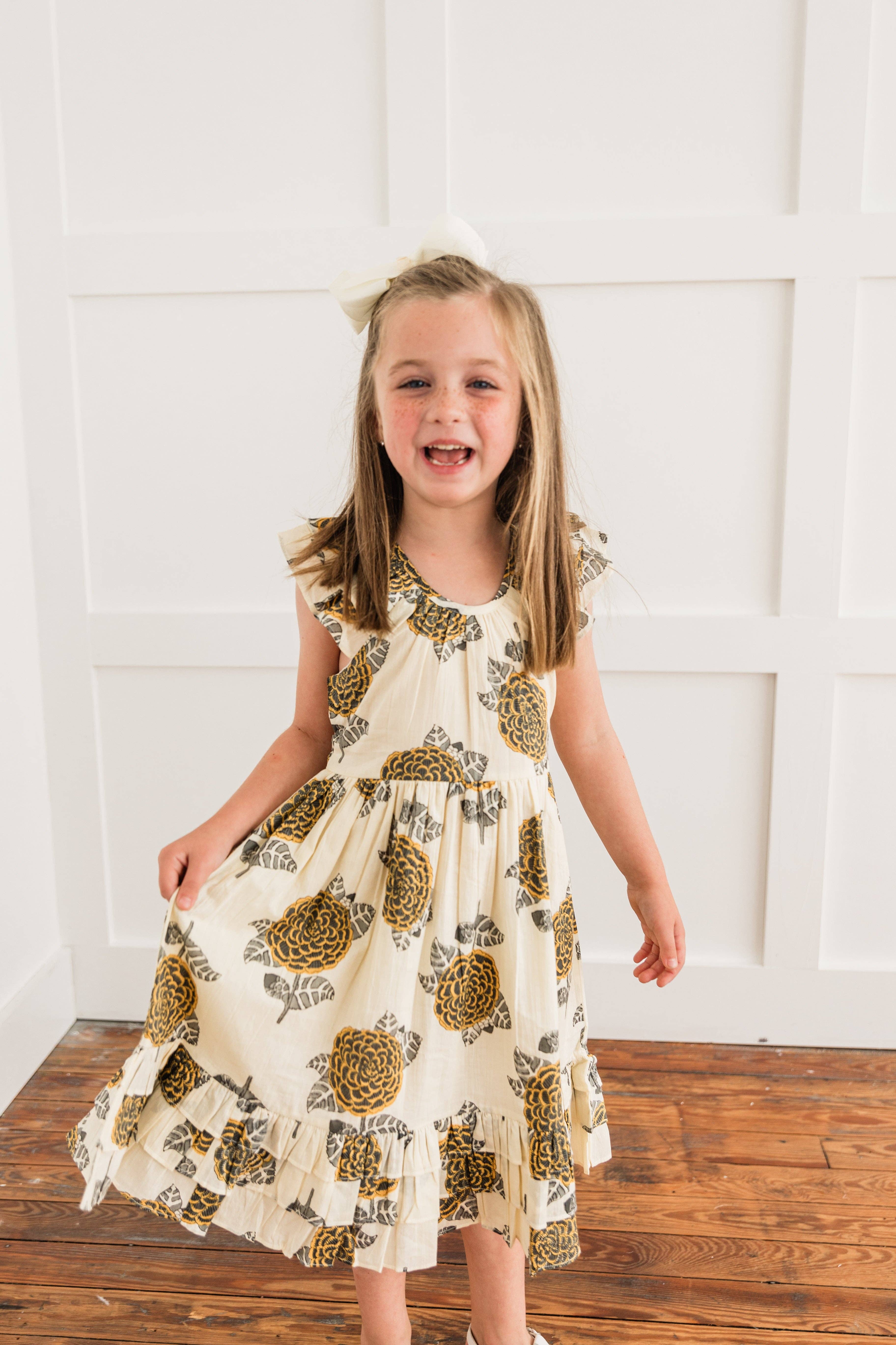 Yo Baby – wholesale Dress – Kids – Mustard & Grey Floral Print Sleeve & Bottom Ruffled Gathered Dress3