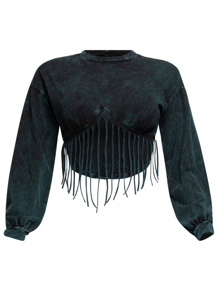 Washed fringe detailed bubble sleeve top for wholesale by K Too