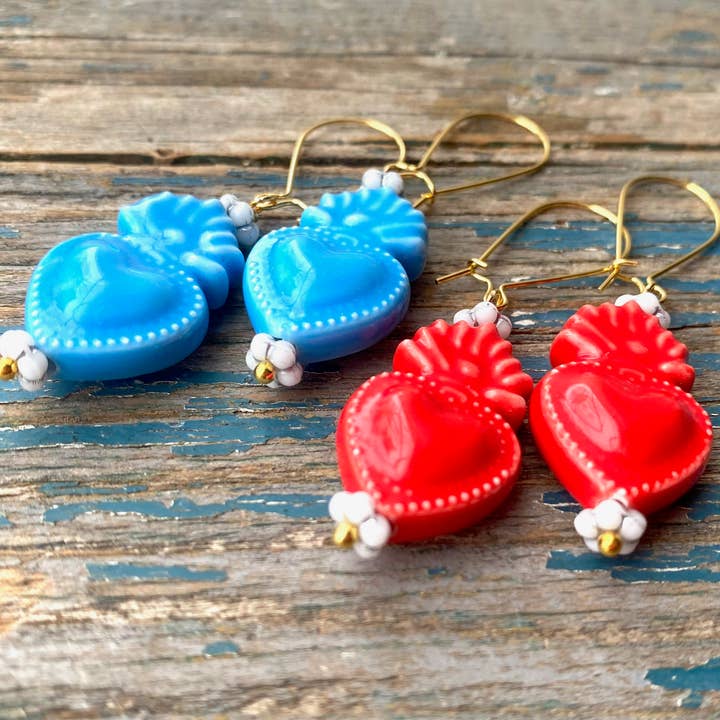 Red Truck Designs - Wholesale Dangle Earrings - Heart Earrings Blue Ceramic Sacred Heart Turquoise Southwest
