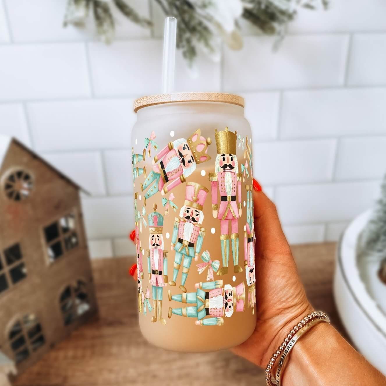 Sip-Sip Hooray! - Wholesale Drinking Glass/Cup - Pink Christmas Nutcracker Cup With Lid and Straw0