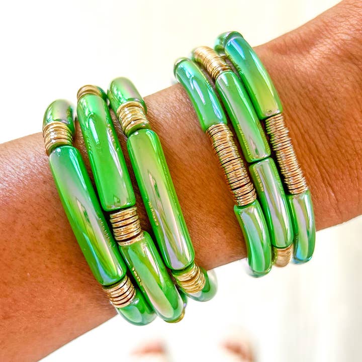 Metallic #13 Bright Green Acrylic Tube Bamboo Bracelet for wholesale by Savvy Bling
