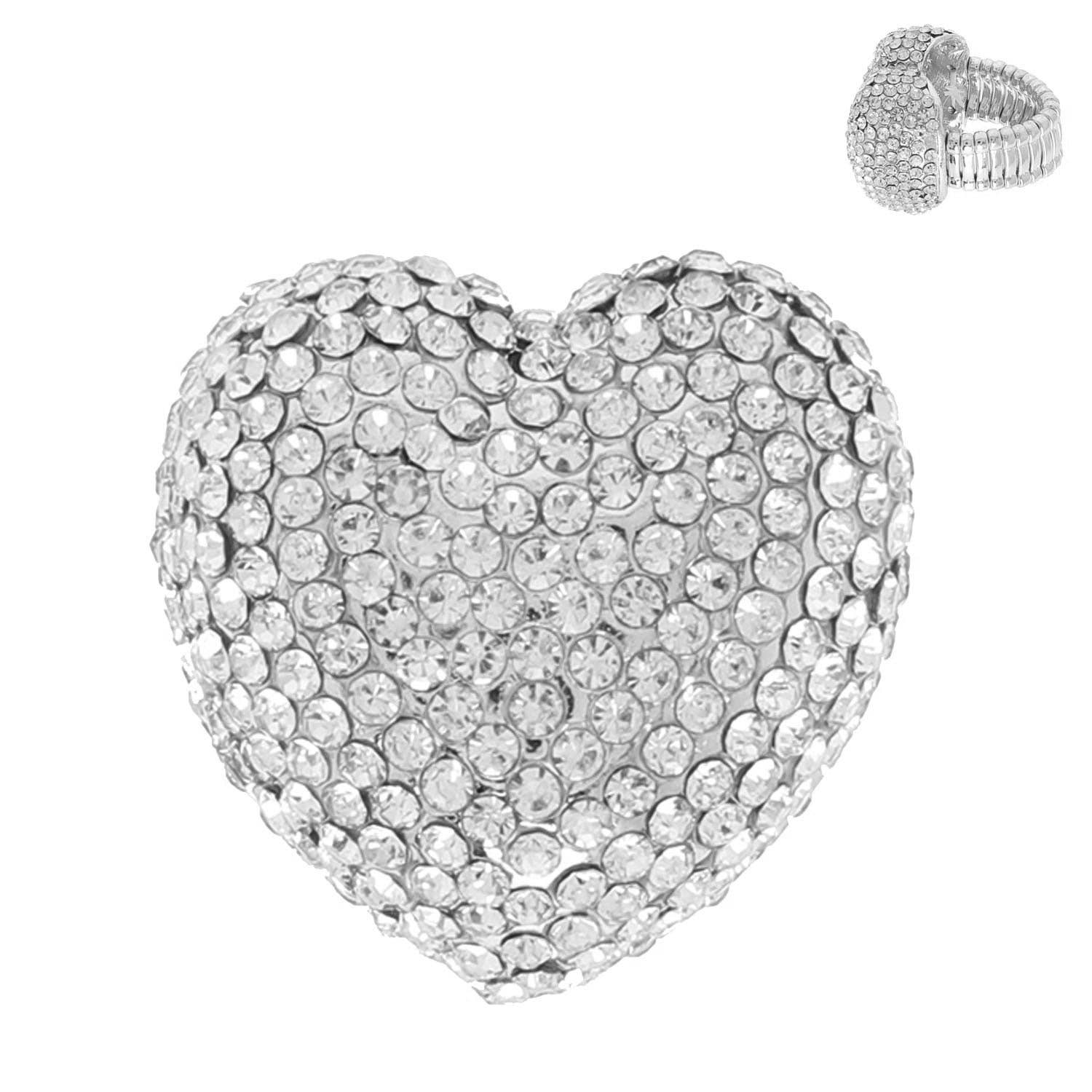 SP Sophia Collection - Wholesale Cocktail/Statement Ring - Crystal Rhinestone Pave Heart Shaped Stretch Ring3