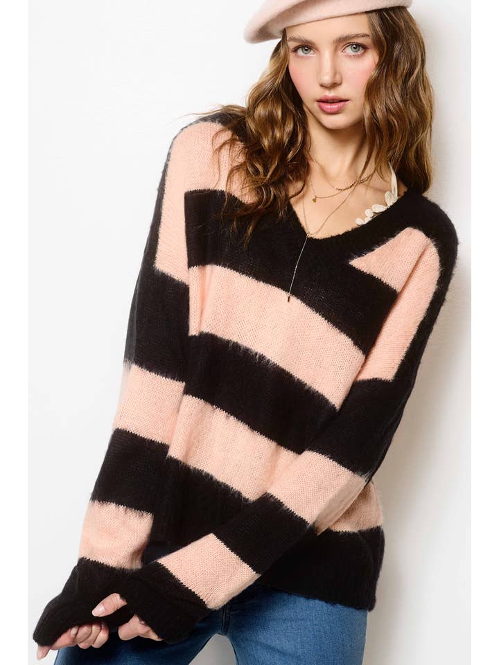 La Miel - Wholesale Knit Sweater - Women's - MCS3573-Oversized Fuzzy Soft Stripe V-neck Knit Sweater