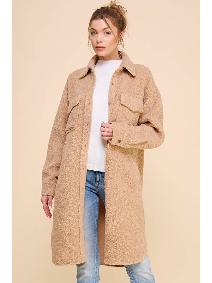 Dusty Rose Long Sherpa Shacket with Pockets for wholesale on Faire