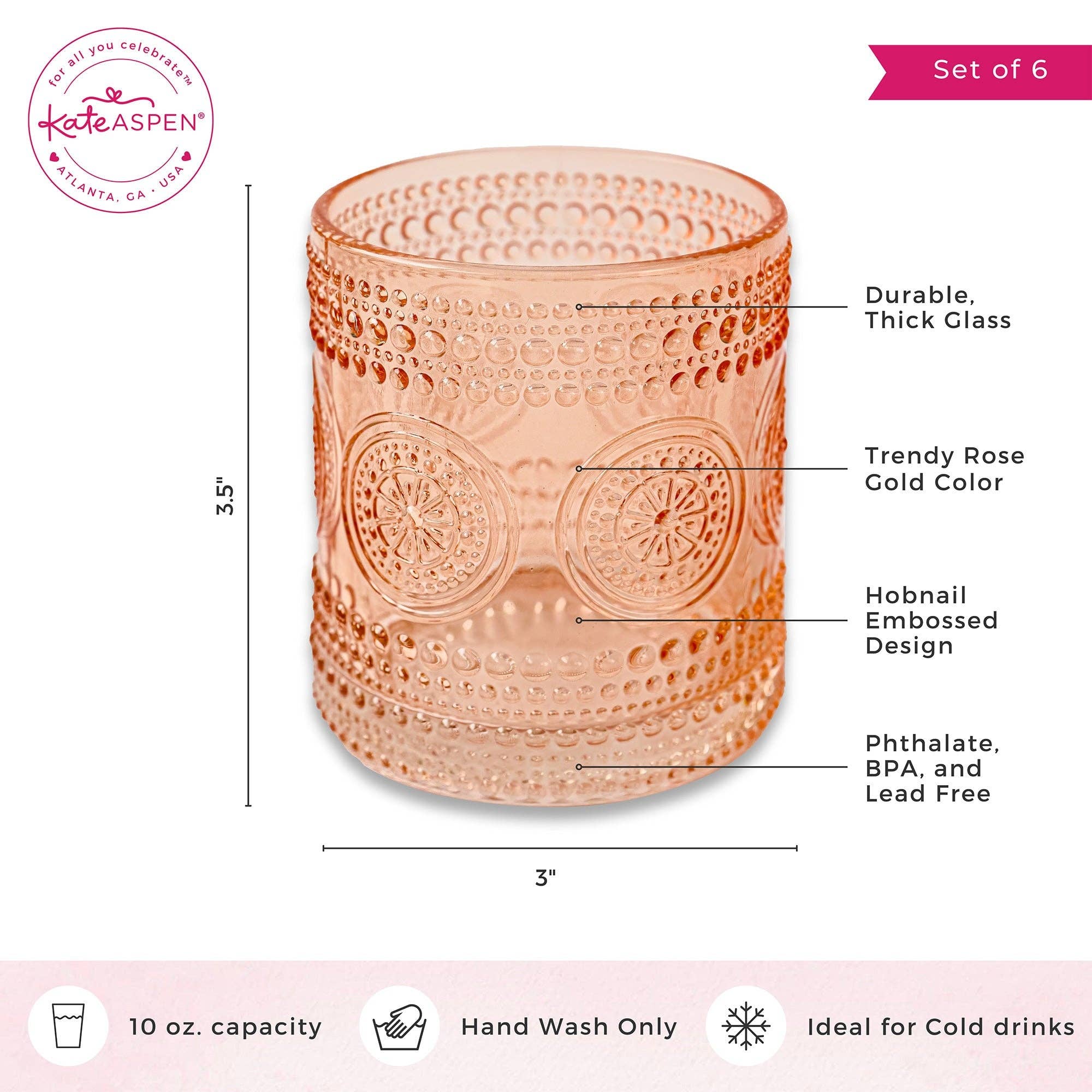 Kate Aspen - Vente Verres à cocktail/alcool - Verres à boire 300 ml en verre vintage rose gold avec motifs floral et perlé (jeu de 6)5