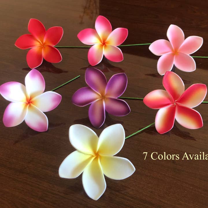 OpalHaus - Wholesale Artificial flowers - Plumeria Foam Flower with Stem White Yellow 10-pack 3"1