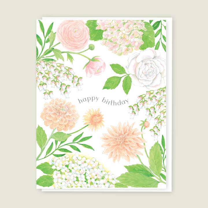 Peachy Dahlia Hydrangea Birthday card for wholesale by Elsabelle Paper Co.