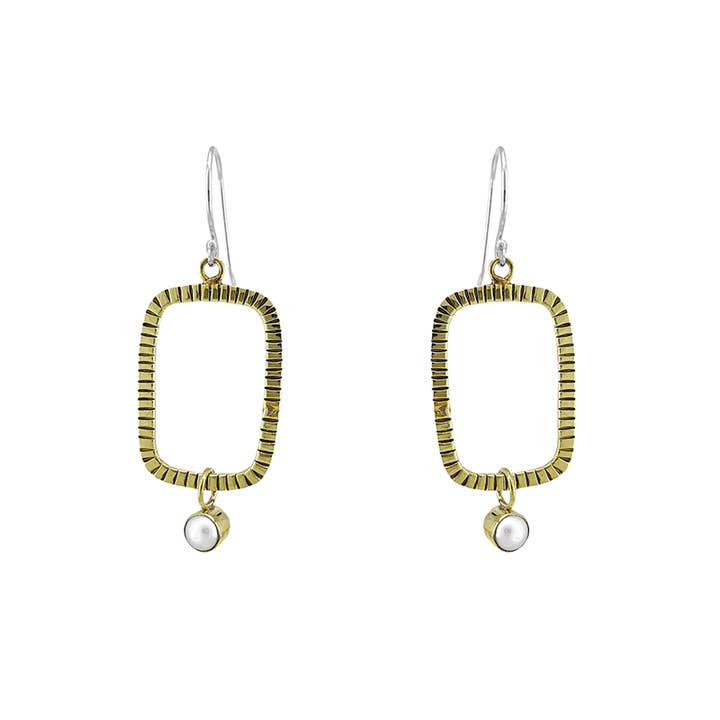 Etched Solid Brass Rectangular Dangle with Pearl for wholesale by SITA