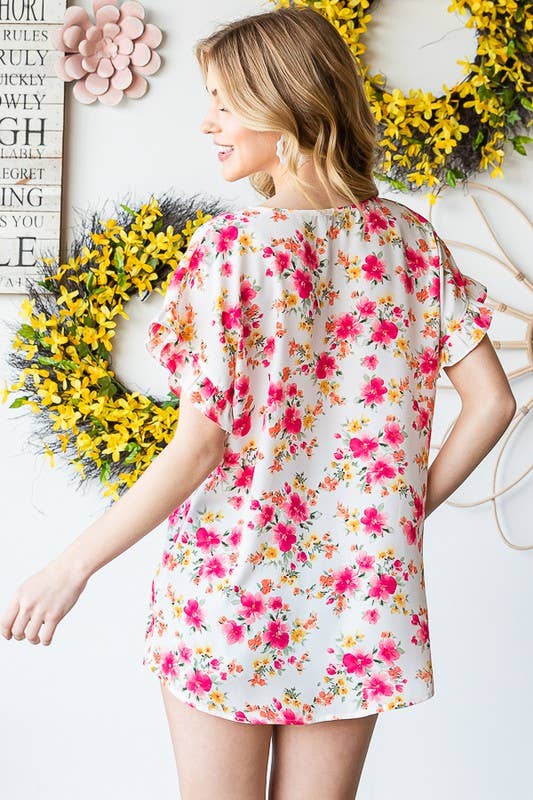 HEIMISH - Vente Chemisier – femme - ET7311-11 HAUT À MANCHES AVEC ENCOLURE EN V VOLANTÉE ET IMPRIMÉ FLORAL6