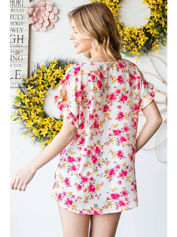 HEIMISH - Vente Chemisier – femme - ET7311-11 HAUT À MANCHES AVEC ENCOLURE EN V VOLANTÉE ET IMPRIMÉ FLORAL6