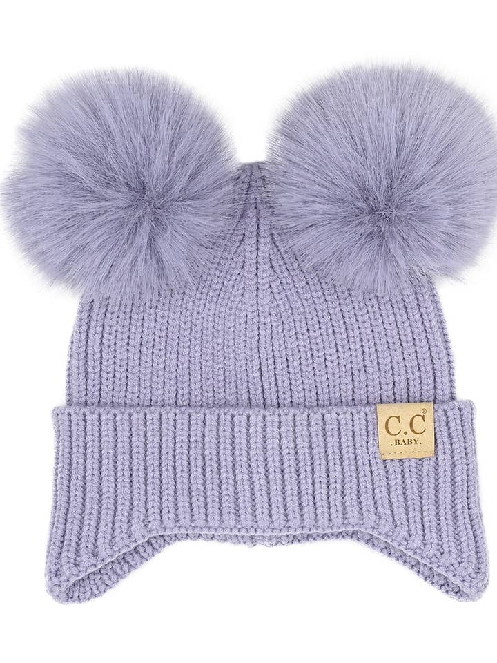 Infant Double Pom Faux Fur Beanie w/ Earflap - Lavender for wholesale by Funky Junque