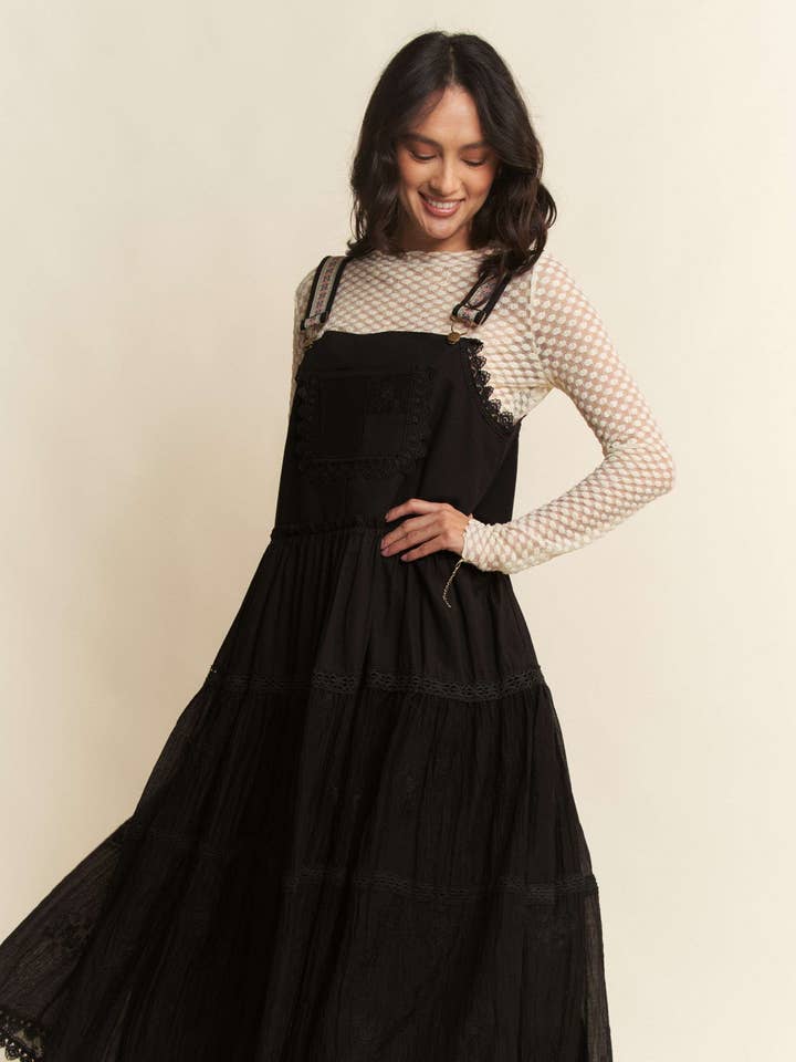 Davi & Dani - Wholesale Dress - Women's - FRONT POCKET EMBROIDERED LACE PINAFORE DRESS0