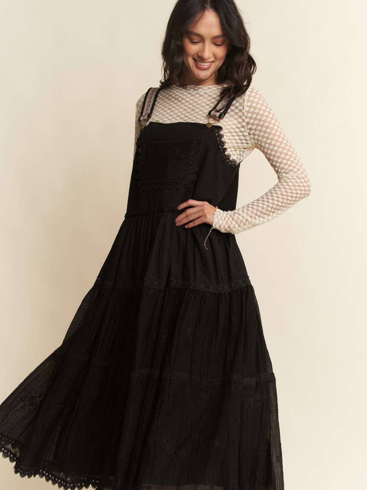 FRONT POCKET EMBROIDERED LACE PINAFORE DRESS for wholesale by Davi & Dani