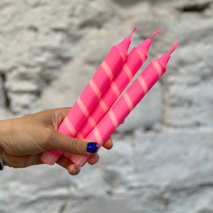 True North Chandlers - Candles - Wholesale Tapered Candle/Candlestick - Peach & Neon Pink thin stripe Dinner Candle